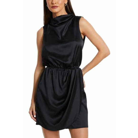 Quiz Womens Sleeveless Ruched Satin Mini Dress 10 Black - NWT $118 - Picture 1 of 6
